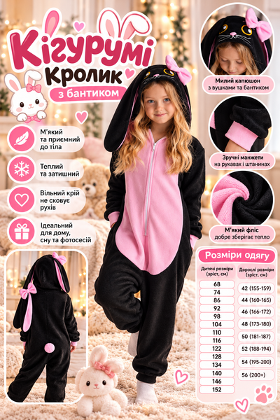 Дитячий кігурумі Кролик з бантиком чорний /001/11 фото